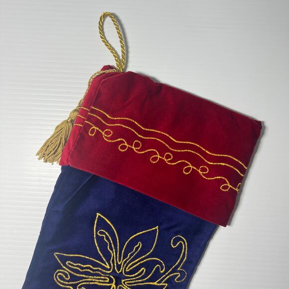 Navy Blue and Maroon Velvet Gold Embroidered Christmas Stocking Tassel 18 Inches - Picture 7 of 8